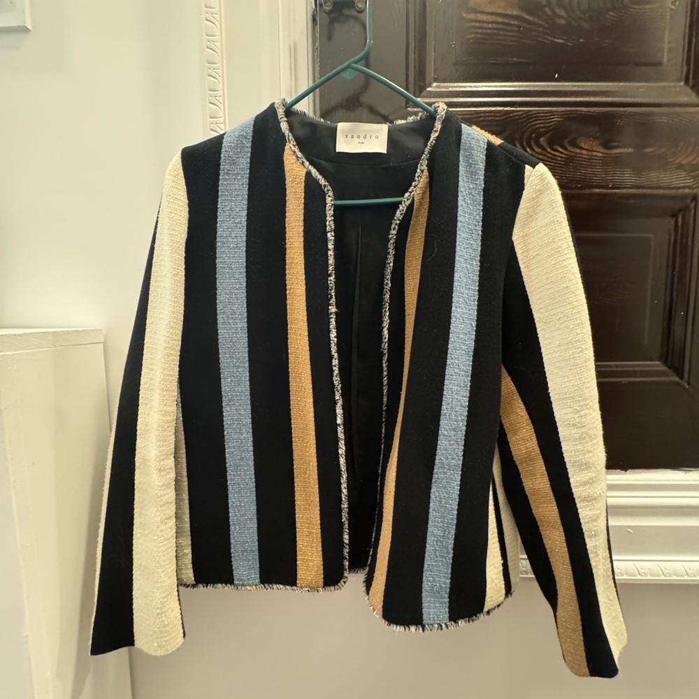 Sandro Striped Open-Front Blazer in Black, Blue, Tan & Cream